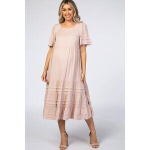 Light Pink Tiered Pintuck Maternity Midi Dress